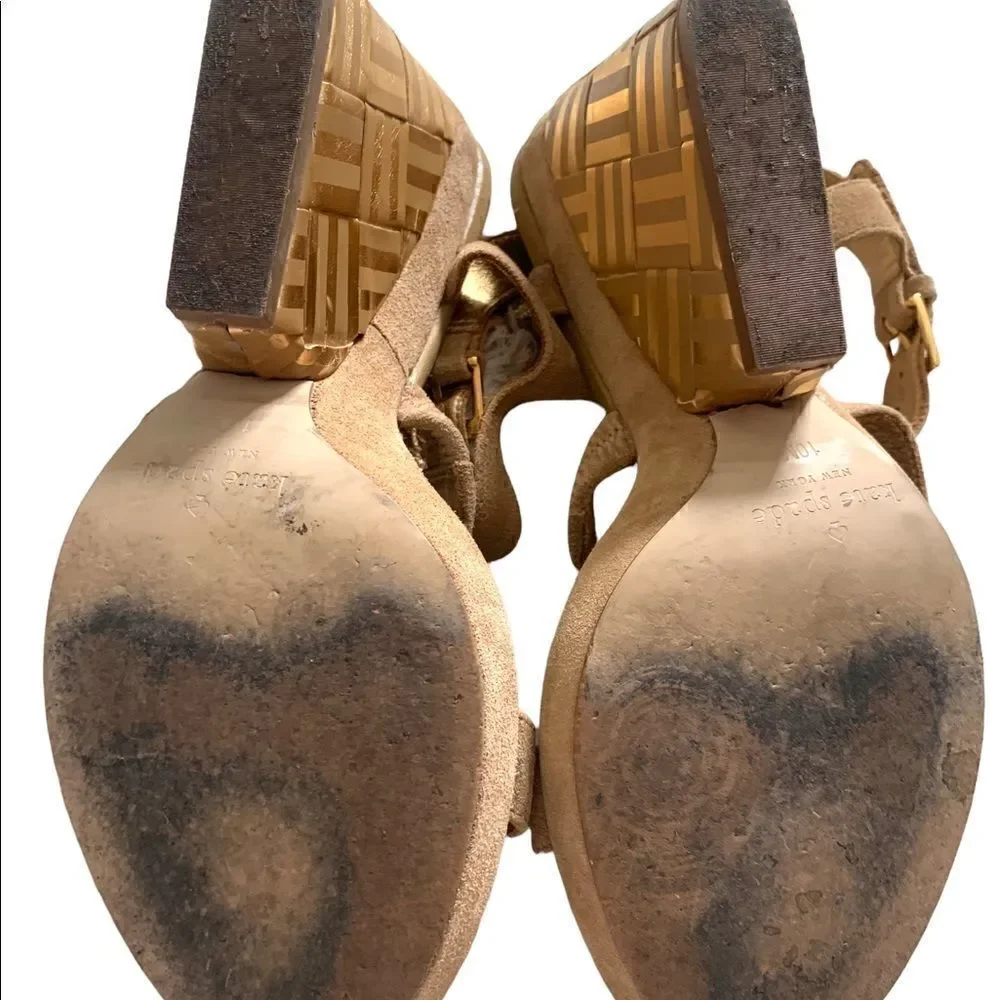 KATE SPADE New York Farryn Beige Gold Suede Geometric Wedge Espadrilles